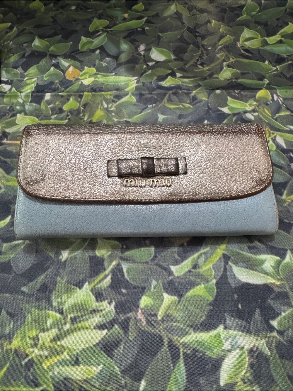Miu Miu Two-Tone Bow Flap Wallet — Light Blue and Bronze